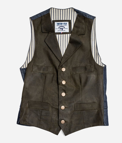 The “Fernand” khaki and denim waxed canvas jacket