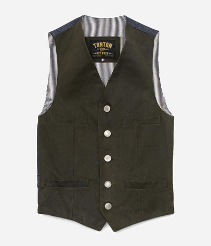 The “Auguste” waxed khaki denim back jacket (5 buttons)