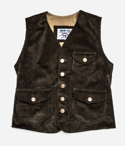 Le gilet «Raoul» velours brun et canvas kaki clair