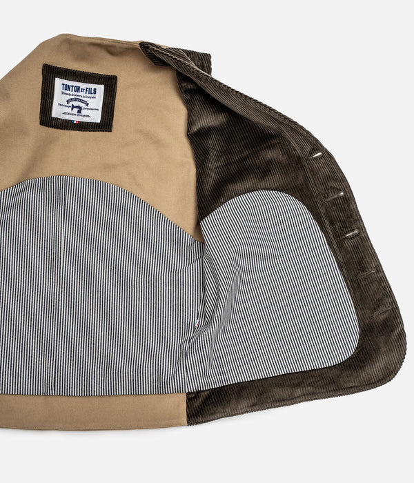 Tonton et Fils - Le gilet homme «Raoul» velours olive et canvas kaki clair - Fabriqué en France - Vue sur la doublure intérieure