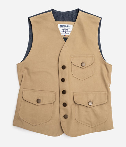 Le gilet «Raoul» canvas kaki clair et denim