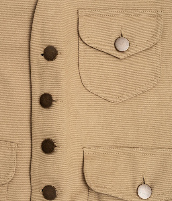 Tonton et Fils - Le gilet homme «Raoul» canvas kaki clair et denim - Fabriqué en France - Zoom sur les poches avants et la boutonnière