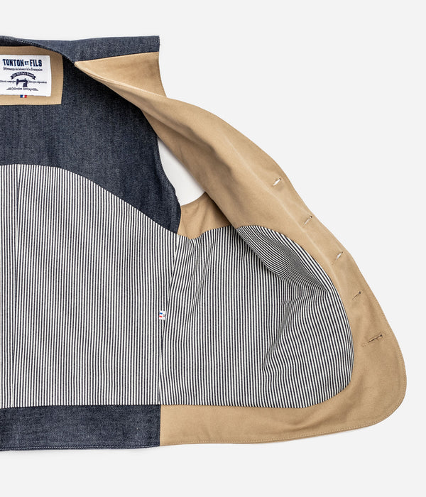Tonton et Fils - Le gilet homme «Raoul» canvas kaki clair et denim - Fabriqué en France - Vue sur la doublure intérieure