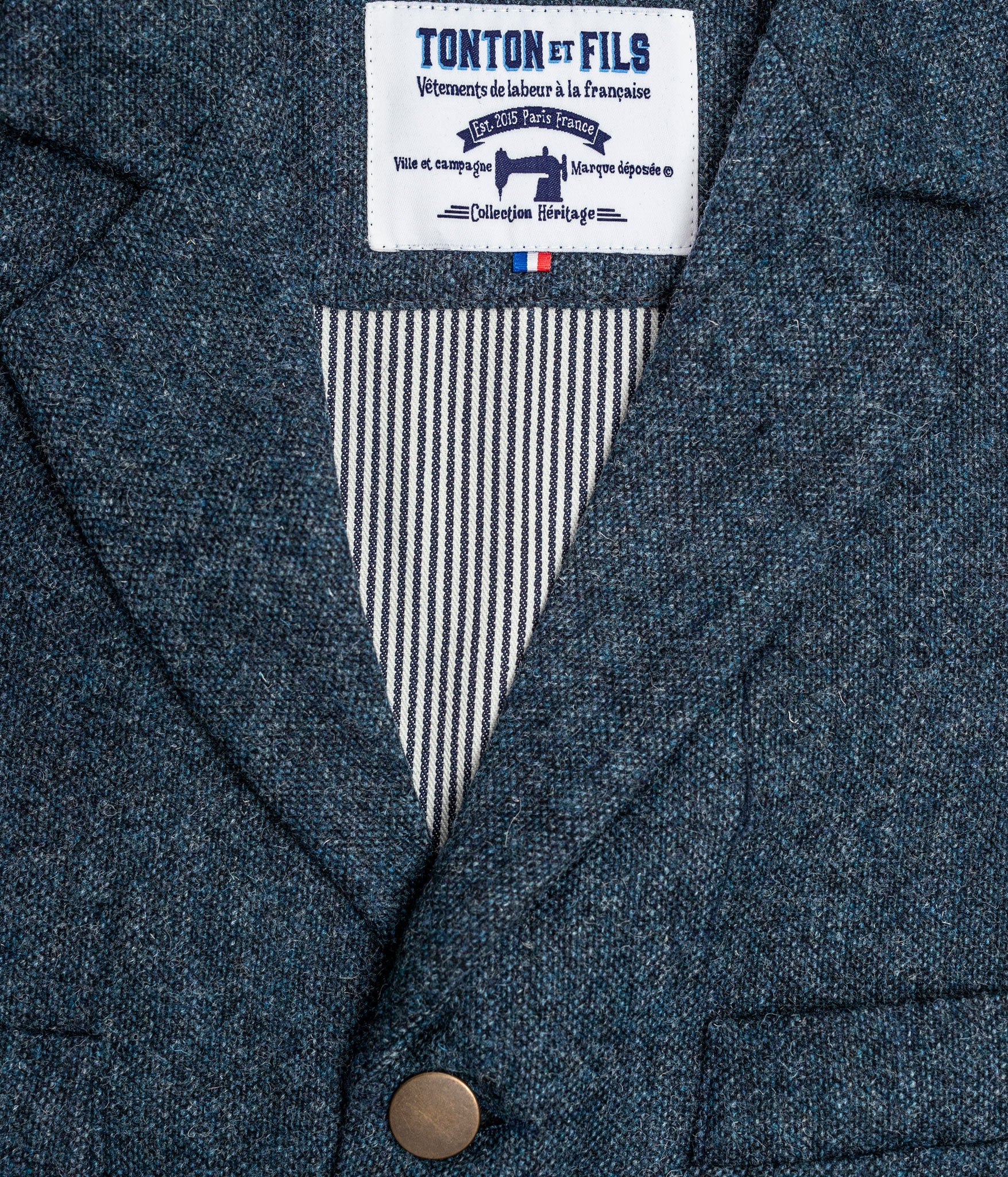 Tonton et Fils - Le veston homme «Fernand» tweed bleu et canvas kaki clair - Fabriqué en France - Vue sur l'encolure