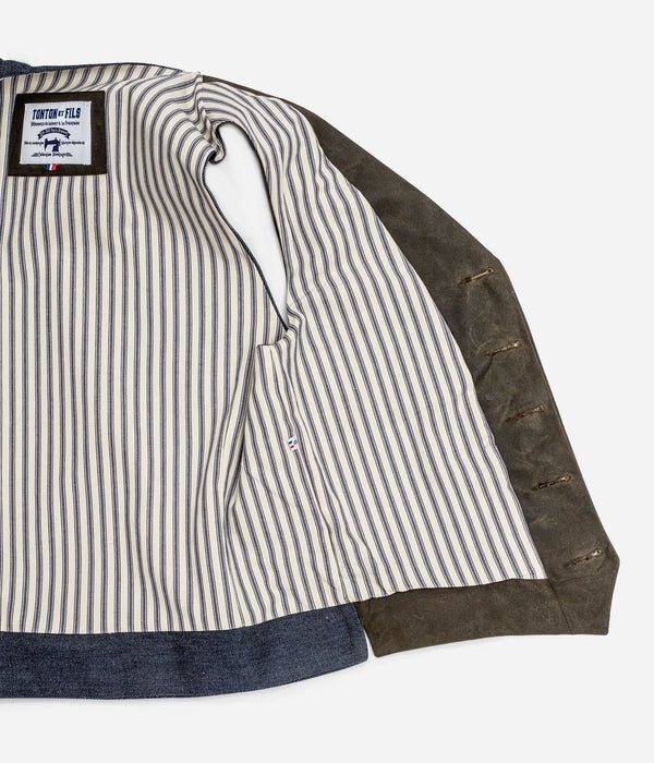 Tonton et Fils - Le veston homme «Fernand» canvas waxé kaki et denim - Vue sur la doublure intérieure