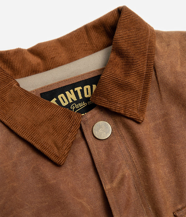 Tonton et Fils - La veste homme «Eugène» canvas waxé camel (500g) - Fabriquée en France - Vue sur le col