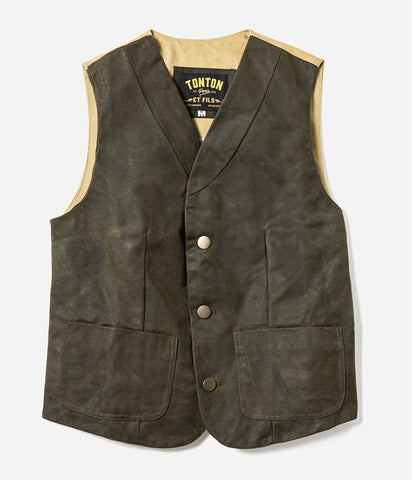 Le gilet «Lucien» canvas waxé kaki et canvas kaki clair