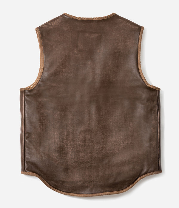 Le gilet « Félix » cuir vielli et canvas waxé camel