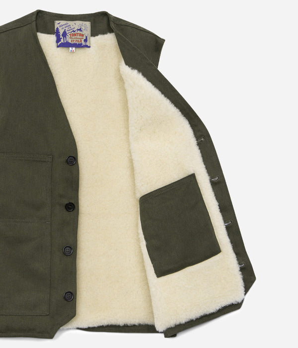 Tonton et Fils - Le gilet homme «Jeannot» doublé mouton - Kaki - Fabriqué en France - Vue sur la doublure mouton