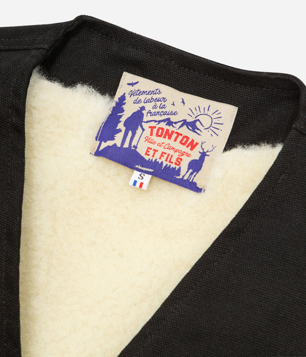 Tonton et Fils - Le gilet homme «Jeannot» doublé mouton - Noir - Fabriqué en France - Vue sur la doublure mouton