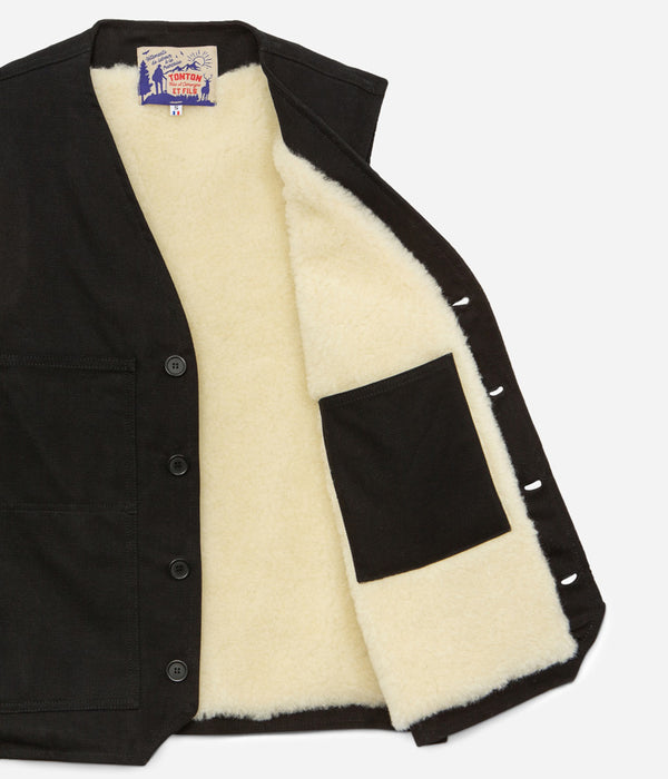 Tonton et Fils - Le gilet homme «Jeannot» doublé mouton - Noir - Fabriqué en France - Vue générale sur la doublure mouton