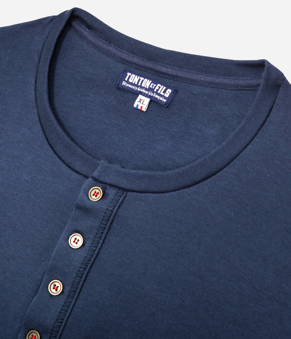 Tonton et Fils - Le tee-shirt homme manches longues "Henley" - Marine - Fabriqué en France - Vue sur l'encolure