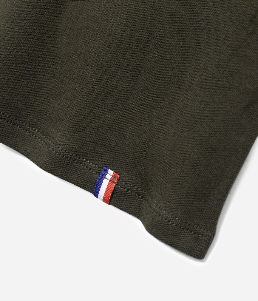 Tonton et Fils - Le tee-shirt homme manches courtes «Motocyclettes» kaki et écru - Fabriqué en France - Vue sur l'ourlet du bas