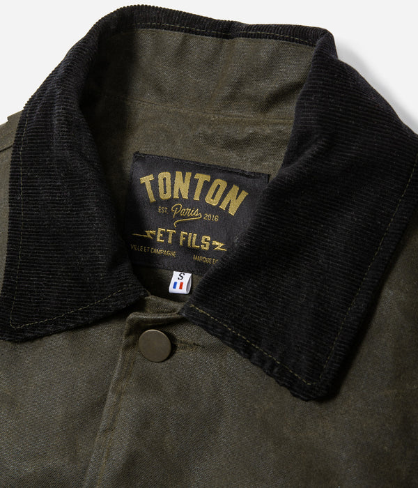 Tonton et Fils - Le blouson homme « Monterey » canvas waxé kaki et doublure polycoton de fabrication française - Vue sur le col
