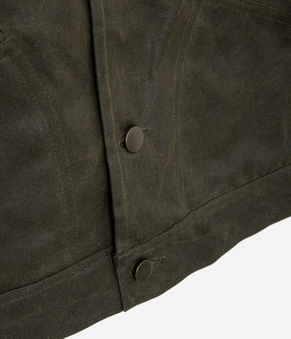 Tonton et Fils - Le blouson homme « Monterey » canvas waxé kaki et doublure polycoton de fabrication française - Vue sur le bas de la boutonnière