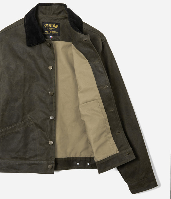 Tonton et Fils - Le blouson homme « Monterey » canvas waxé kaki et doublure polycoton de fabrication française - Vue sur la doublure intérieure en polycoton