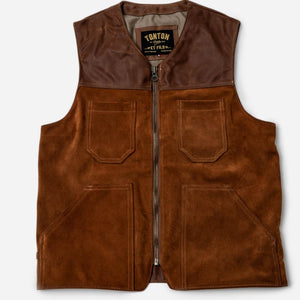 Tonton et Fils - Le gilet homme «Gaston» en peau brun fauve fabriqué en France - Vue générale