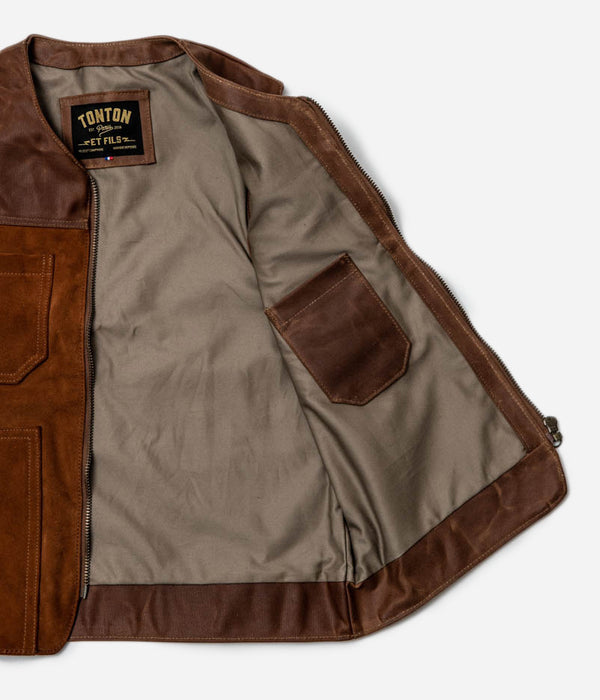 Tonton et Fils - Le gilet homme «Gaston» en peau brun fauve fabriqué en France - Vue sur la doublure intérieure