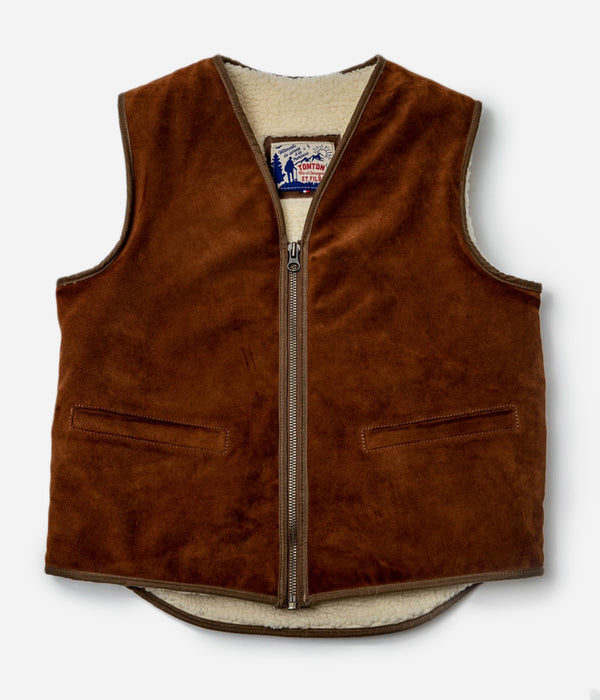 Tonton et Fils - Le gilet homme « Léon » en peau retournée brun fauve - Fabriqué en France - Vue générale