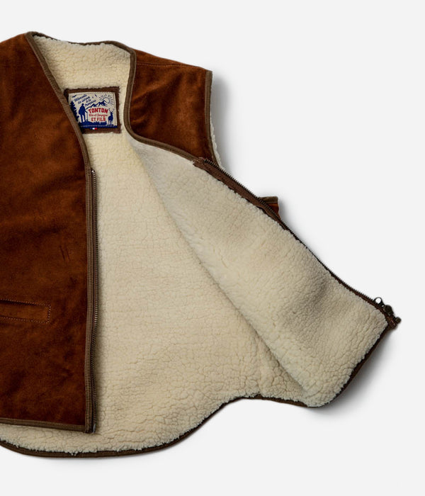 Tonton et Fils - Le gilet homme « Léon » en peau retournée brun fauve - Fabriqué en France - Vue de l'intérieur