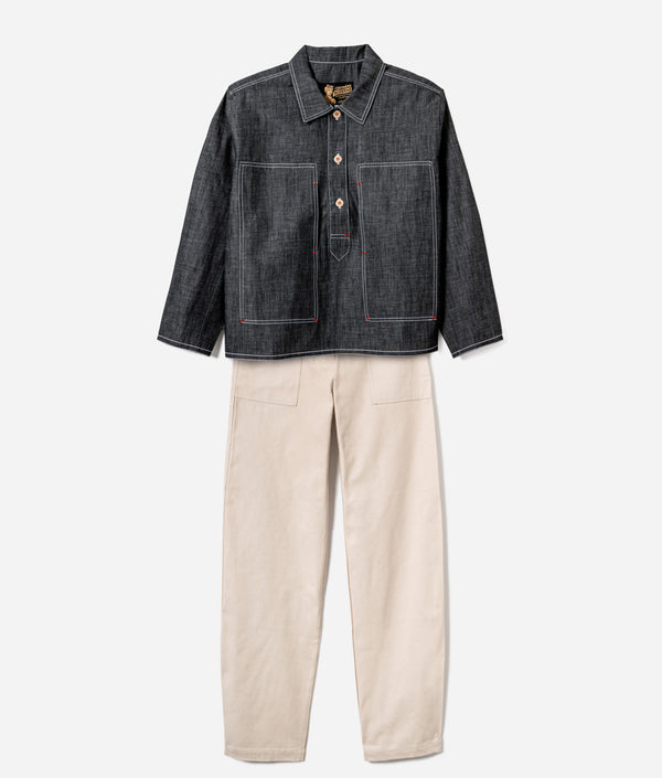 Tonton et Fils - Collection femme l'Ouvrière Moderne - Fabriquée en France - Ensemble chemise "Arromanches" chambray foncé avec pantalon "Louv 001" écru naturel