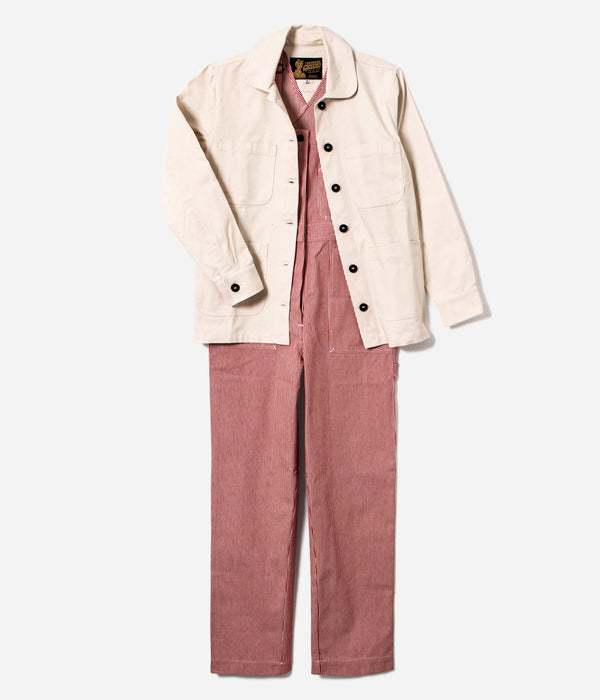 Tonton et Fils - Collection femme l'Ouvrière Moderne - Fabriquée en France - Ensemble veste "L'Ouvrière" écru naturel avec salopette "Billie" Hickory rouge écru