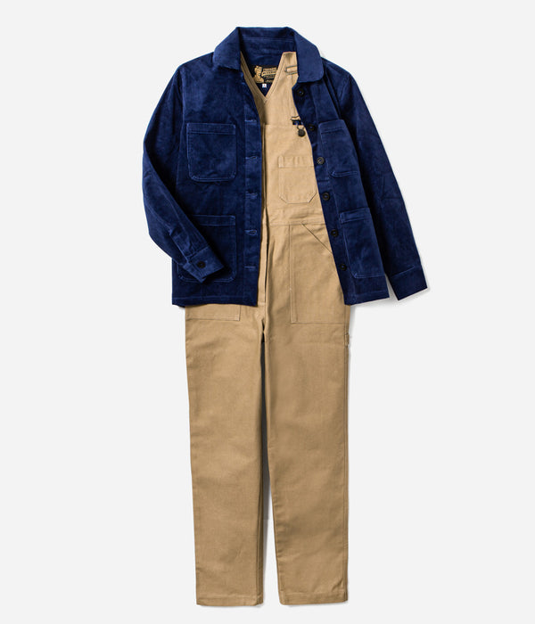 Tonton et Fils - Collection femme l'Ouvrière Moderne - Fabriquée en France - Ensemble veste "L'Ouvrière" velours bleu royal avec salopette "Billie" canvas tan