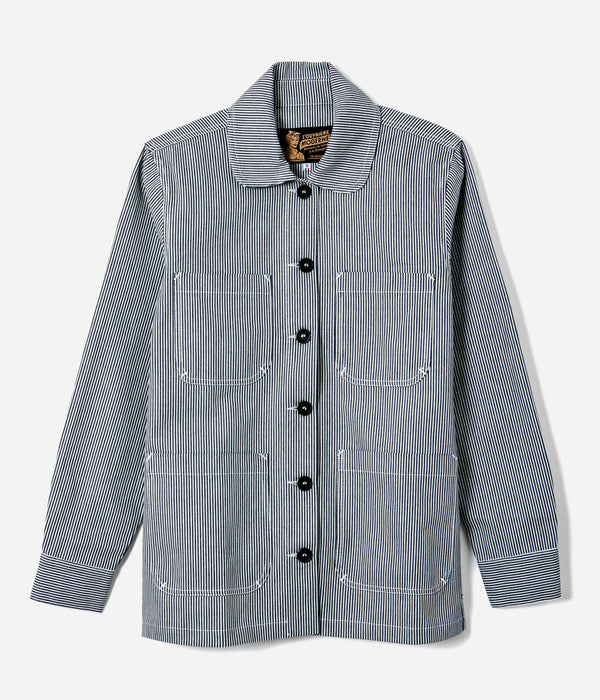 Tonton et Fils - La veste femme "L'Ouvrière" de l'Ouvrière Moderne - Denim Hickory bleu et écru - Fabriquée en France - Vue générale