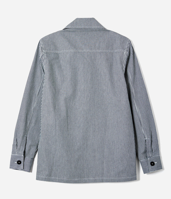 Tonton et Fils - La veste femme "L'Ouvrière" de l'Ouvrière Moderne - Denim Hickory bleu et écru - Fabriquée en France - Vue générale de dos