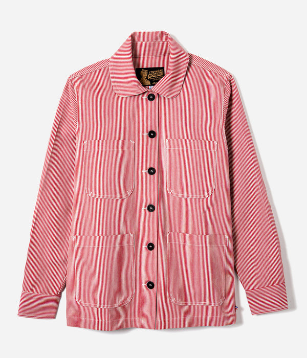 Tonton et Fils - La veste femme "L'Ouvrière" de l'Ouvrière Moderne - Denim Hickory rouge et écru - Fabriquée en France - Vue générale