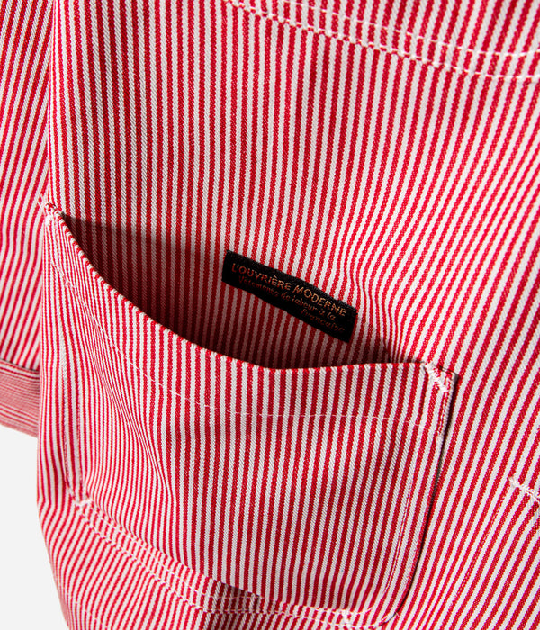 Tonton et Fils - La veste femme "L'Ouvrière" de l'Ouvrière Moderne - Denim Hickory rouge et écru - Fabriquée en France - Vue sur la poche latérale
