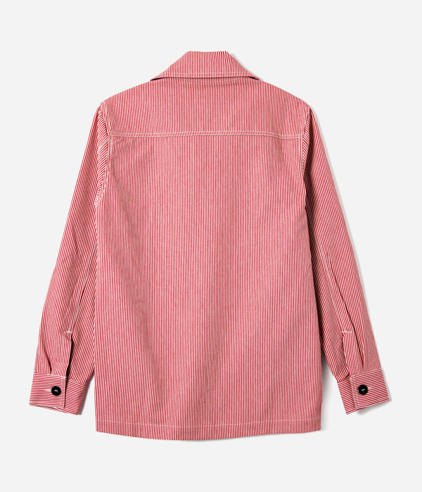 Tonton et Fils - La veste femme "L'Ouvrière" de l'Ouvrière Moderne - Denim Hickory rouge et écru - Fabriquée en France - Vue générale de dos