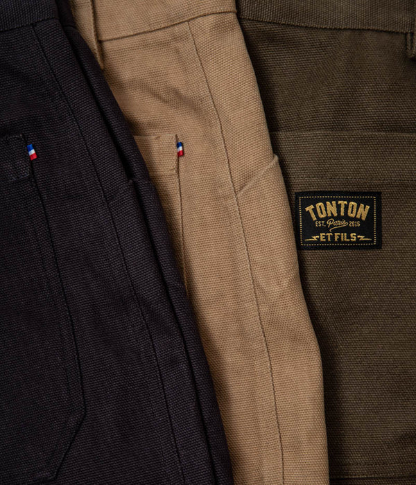 Tonton et Fils - Le pantalon homme « Arsène » canvas camouflage Rip-Stop - Fabriqué en France - Zoom sur les matières et coloris marine, tan, et olive