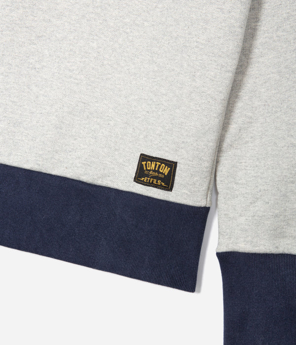 Tonton et Fils - Le sweat-shirt «Cerdan» bicolore Grtis chiné / Marine fabriqué en France - Vue sur les bords côtes