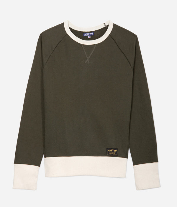 Tonton et Fils - Le sweat-shirt Homme «Cerdan» bicolore Kaki / Écru fabriqué en France - Vue générale