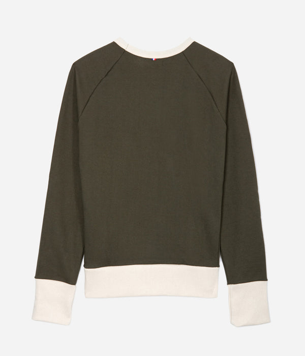 Tonton et Fils - Le sweat-shirt Homme «Cerdan» bicolore Kaki / Écru fabriqué en France - Vue de dos