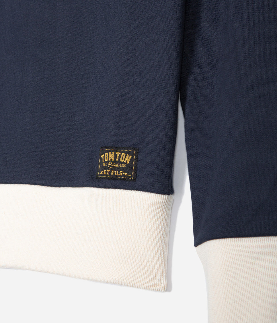 Tonton et Fils - Le sweat-shirt Homme «Cerdan» bicolore Marine / Écru fabriqué en France - Vue sur les bords côtes