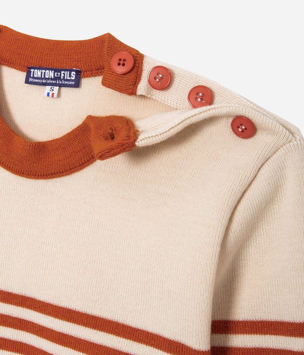 Tonton et Fils - Le pull Ouessant - Orange écru - Tricoté en France - Vue sur les boutons de col