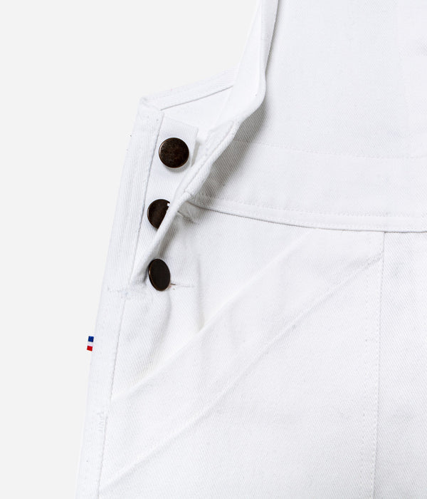 Tonton et Fils - Salopette femme «Billie» Blanc de l'Ouvrière Moderne - Fabriquée en France - Vue boutonnière latérale