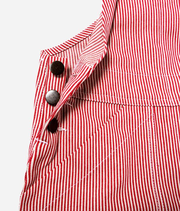 Tonton et Fils - Salopette femme «Billie» Denim Hickory rouge de l'Ouvrière Moderne - Fabriquée en France - Vue sur la boutonnière latérale