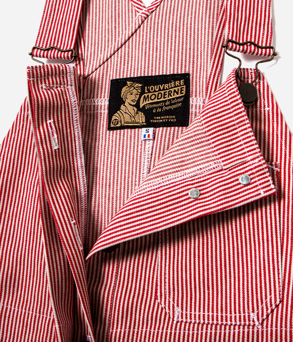 Tonton et Fils - Salopette femme «Billie» Denim Hickory rouge de l'Ouvrière Moderne - Fabriquée en France - Vue sur l'intérieur et l'écusson
