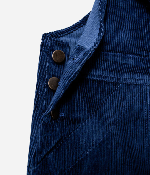Tonton et Fils - Salopette femme «Billie» Velours côtelé bleu royal de l'Ouvrière Moderne - Fabriquée en France - Vue sur la boutonnière latérale