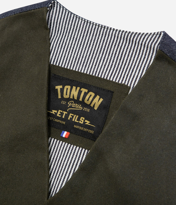 Tonton et Fils - Le veston homme «Auguste» waxé kaki dos Denim - Fabriqué en France - Vue encolure